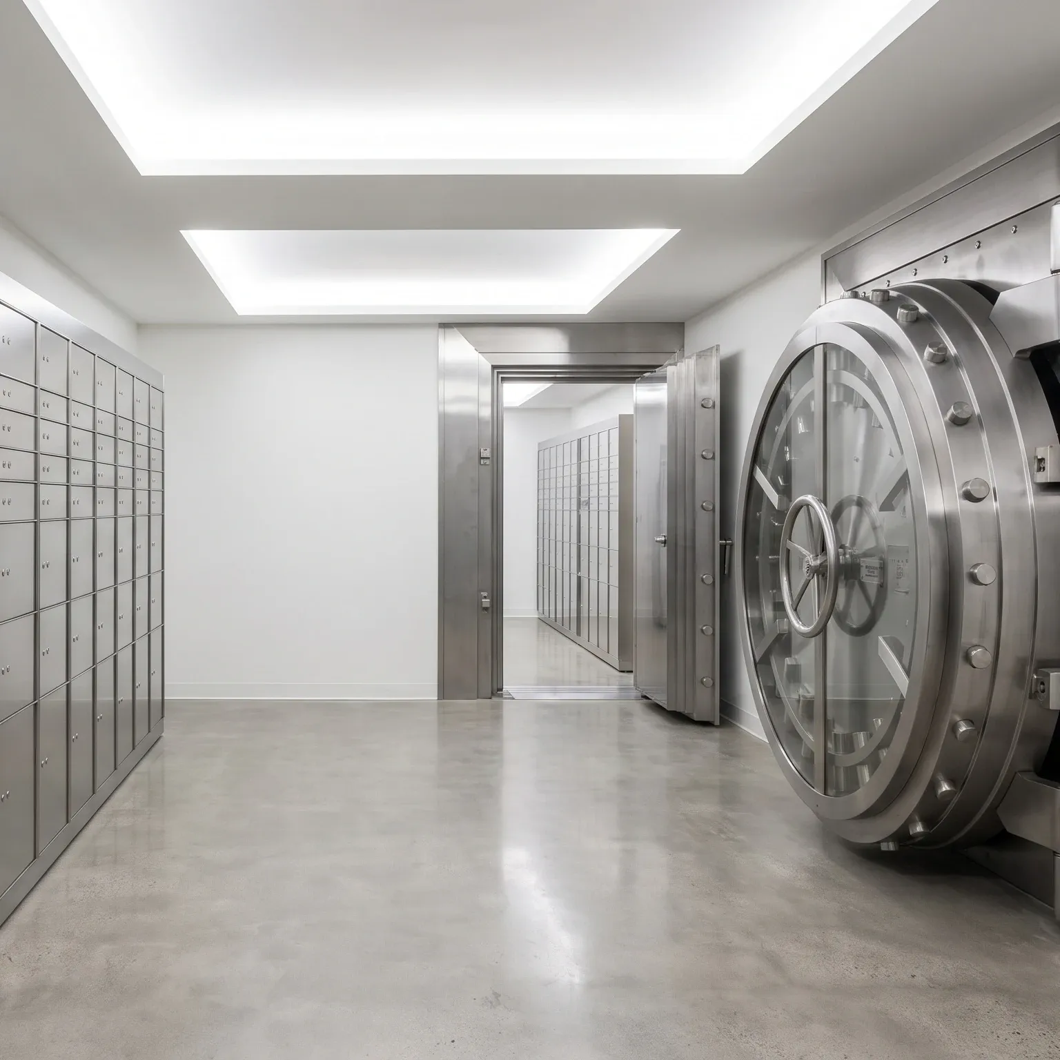 Un caveau con pareti di cassette di sicurezza e la porta blindata socchiusa