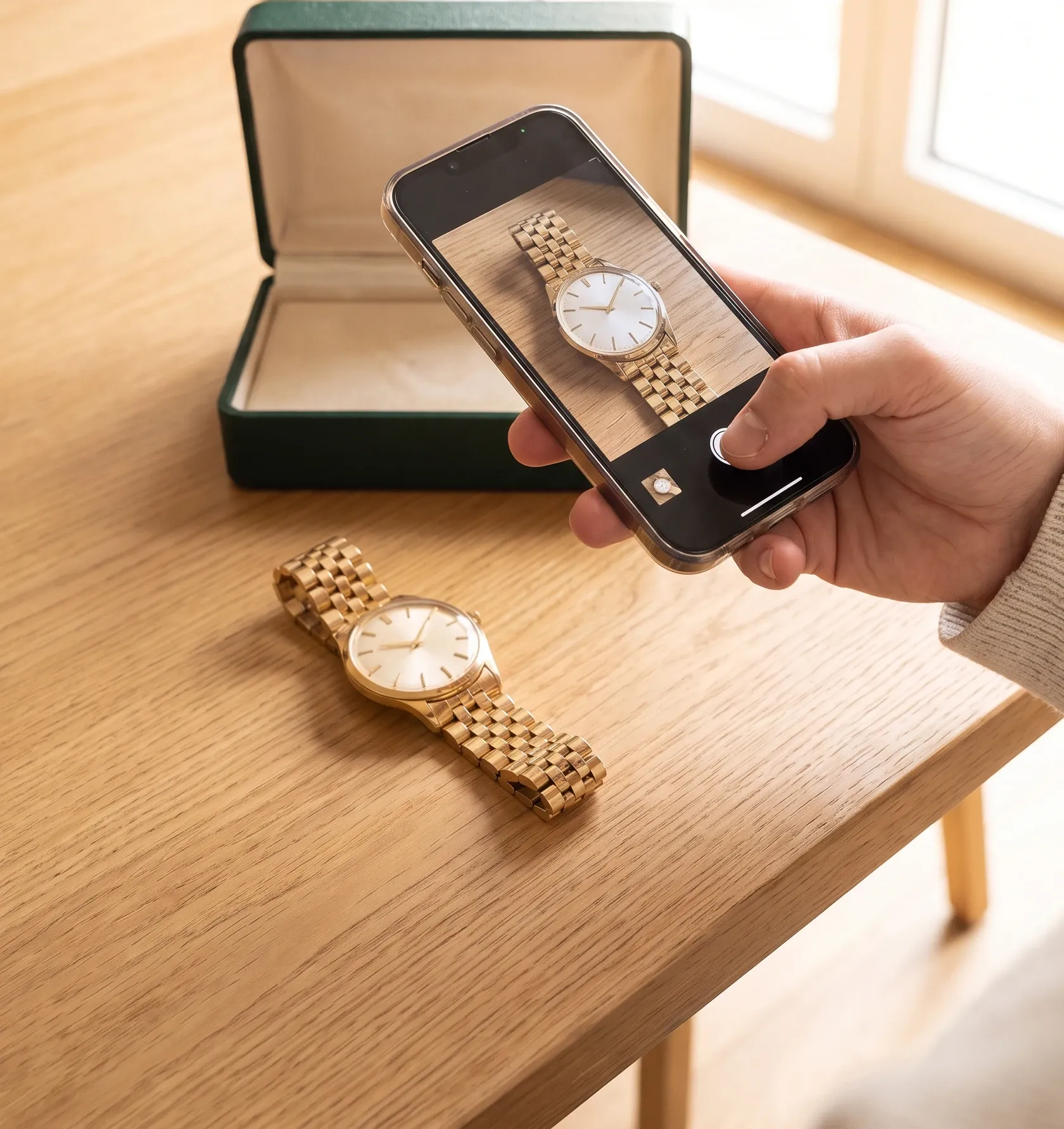 Una mano fotografa con il telefono un orologio d’oro appoggiato sul tavolo, accanto alla sua scatola