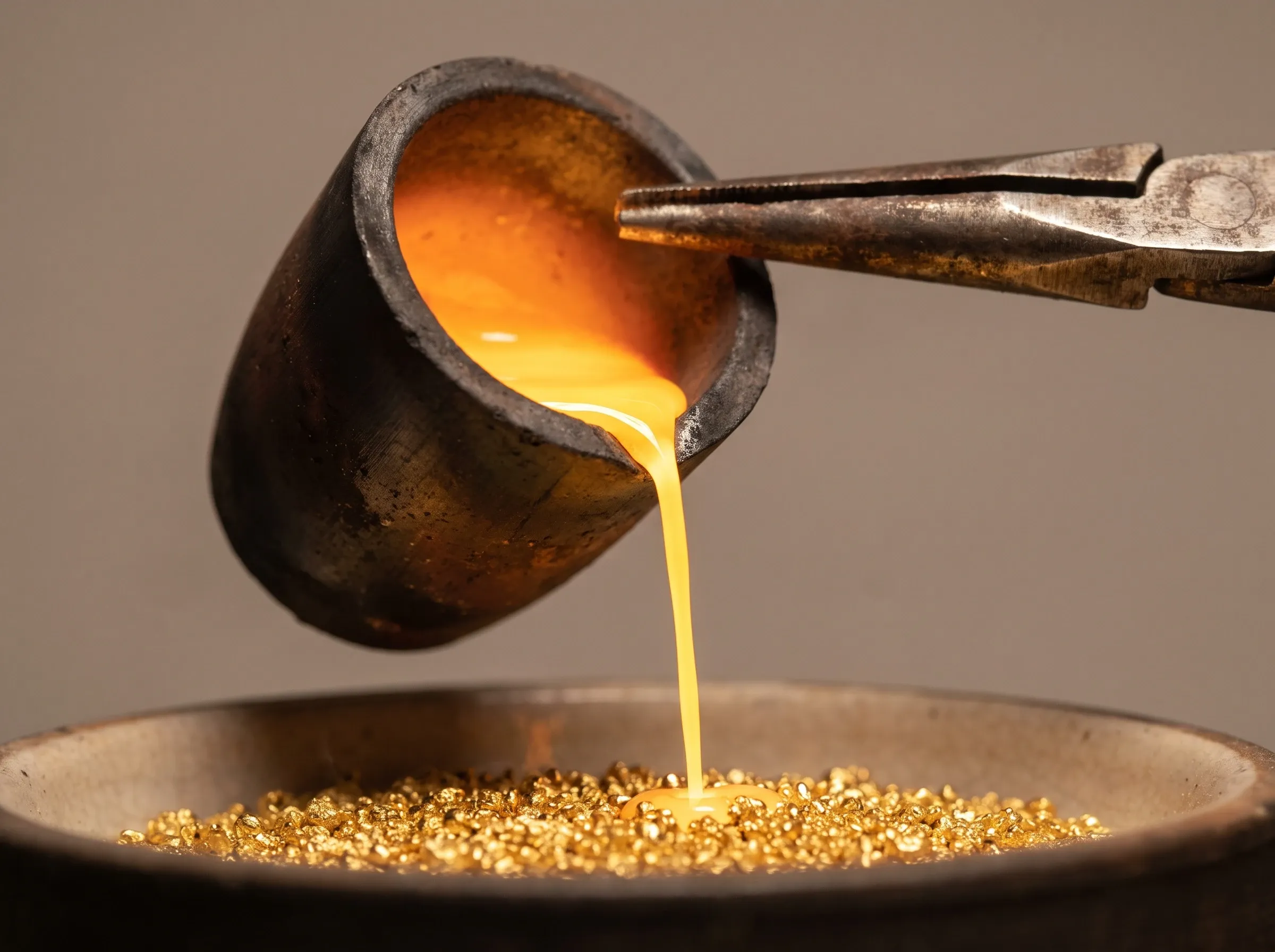 Oro fuso versato dal crogiolo sui grani d’oro