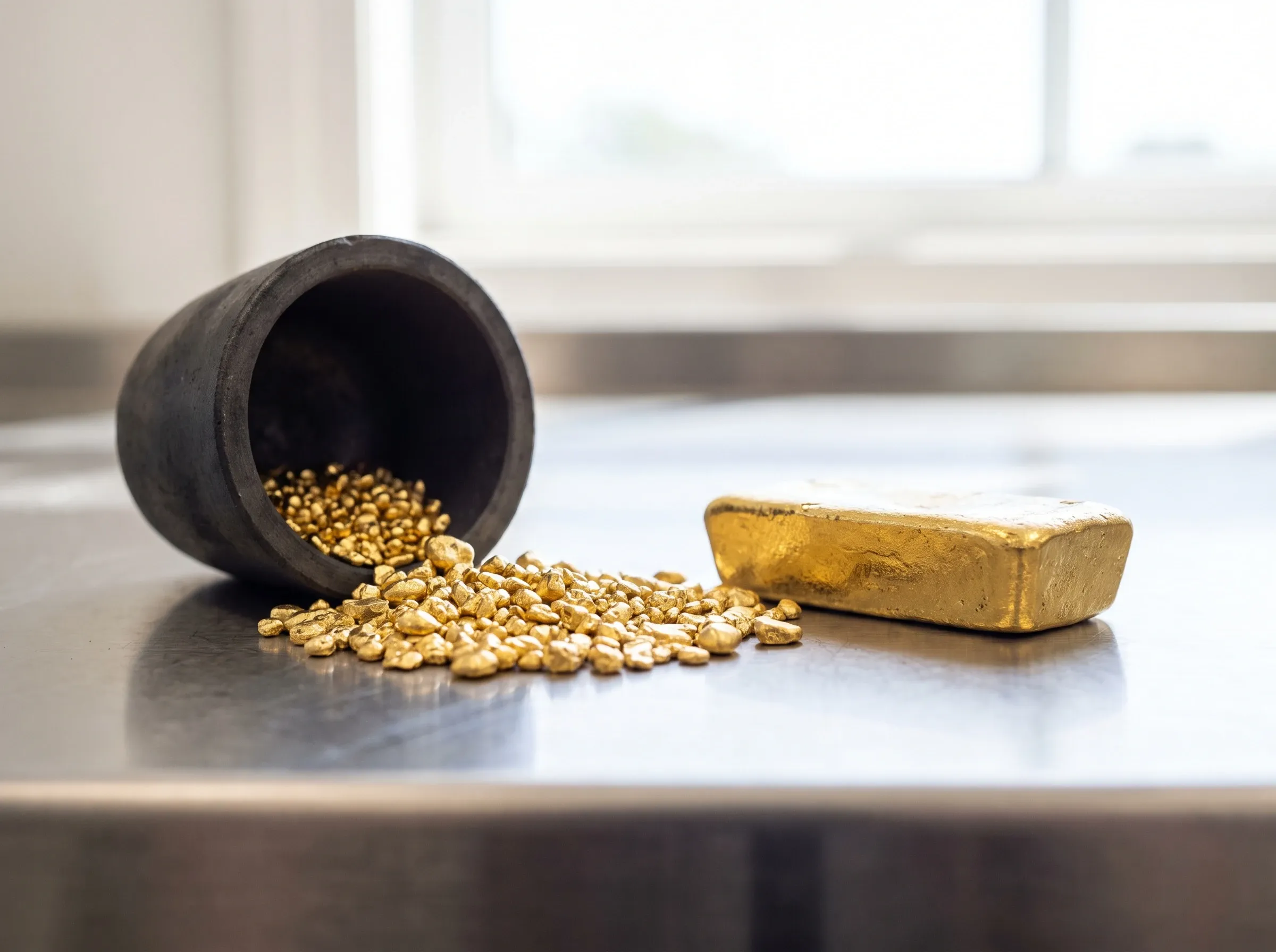 Grani d’oro fuso usciti da un crogiolo, accanto a un piccolo lingotto appena colato