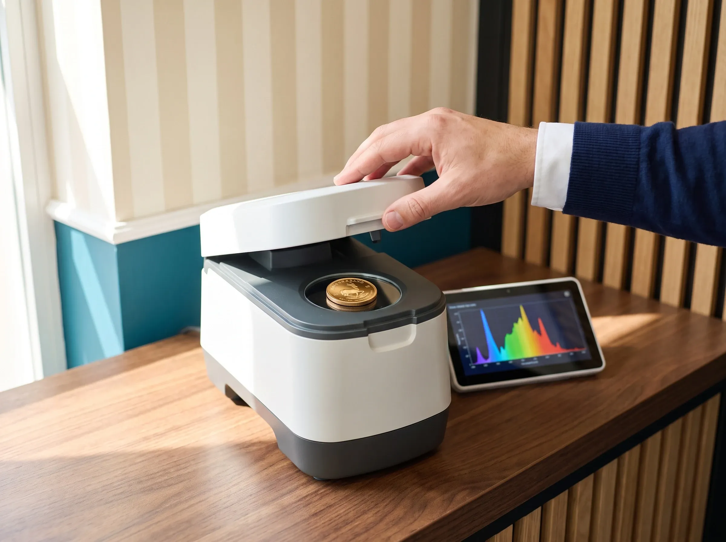 Un Krugerrand d’oro nella camera di misura dello spettrometro XRF, con lo spettro sul tablet accanto