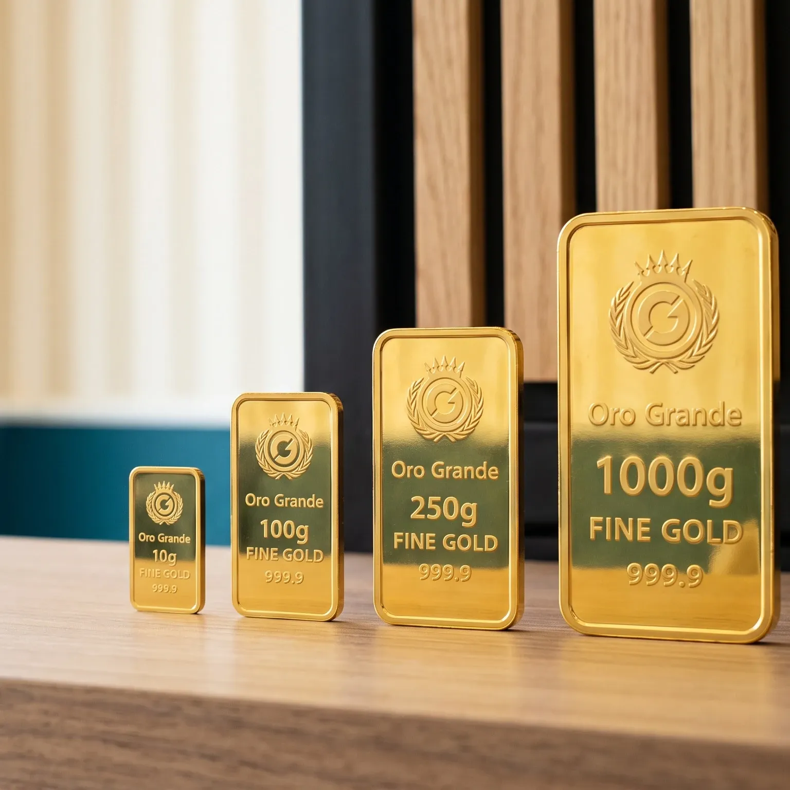 Lingotti Oro Grande da 10 g, 100 g, 250 g e 1 kg, in fila dal più piccolo al più grande sul banco della sede