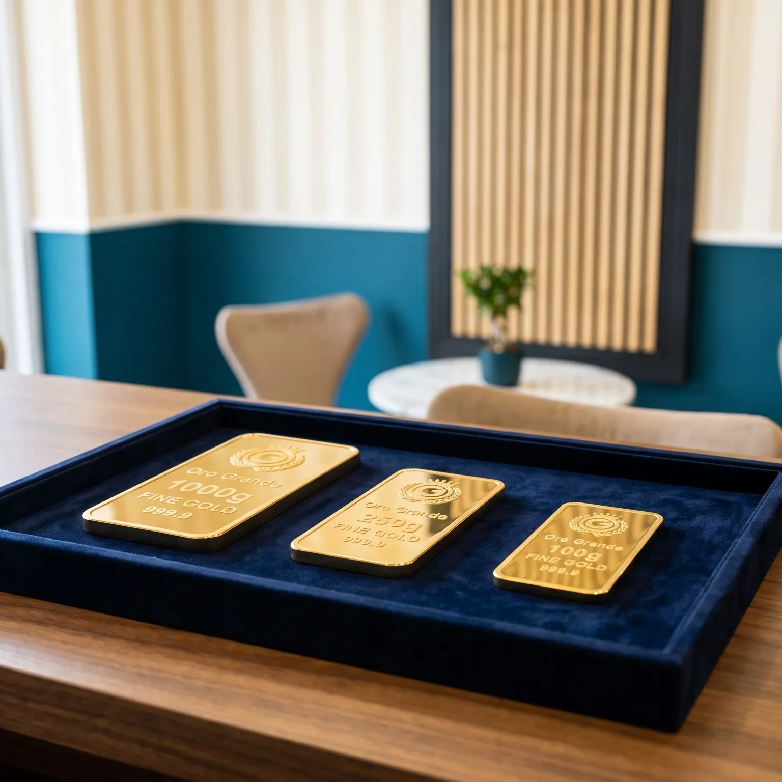 Lingotti d’oro di diverse misure su un vassoio di velluto, sul banco di una sede Oro Grande