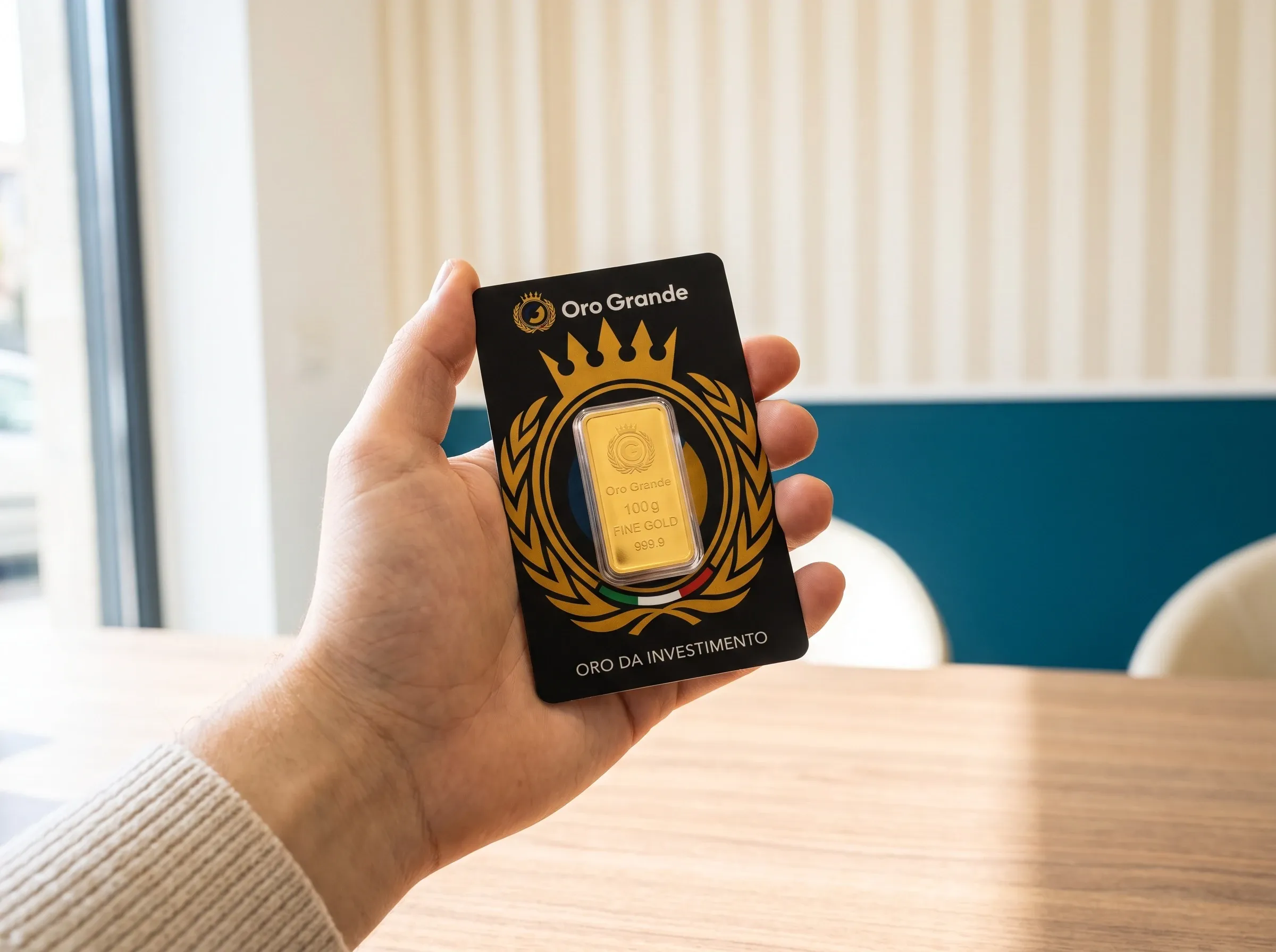 Una mano tiene un lingotto Oro Grande da 100 g nella sua card «Oro da investimento»
