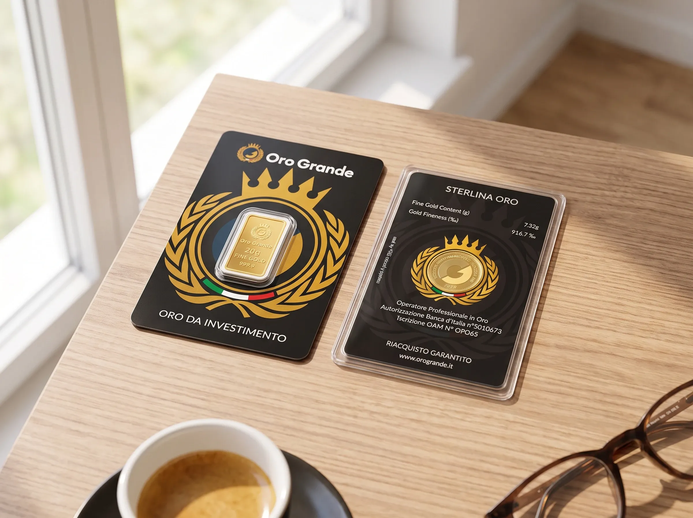 Un lingotto Oro Grande da 20 g nella sua card accanto a una sterlina d’oro nel blister, su una scrivania