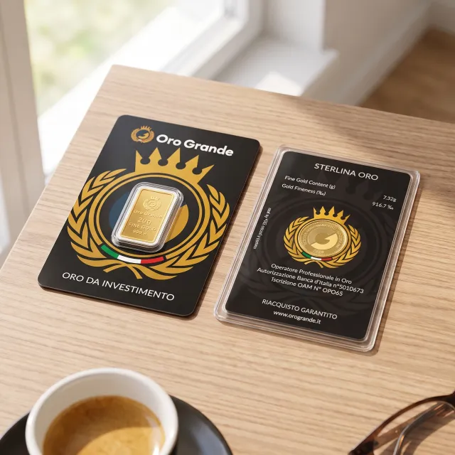 Un lingotto d’oro da 20 g nella card Oro Grande e una sterlina d’oro nel suo blister, su un tavolo in legno