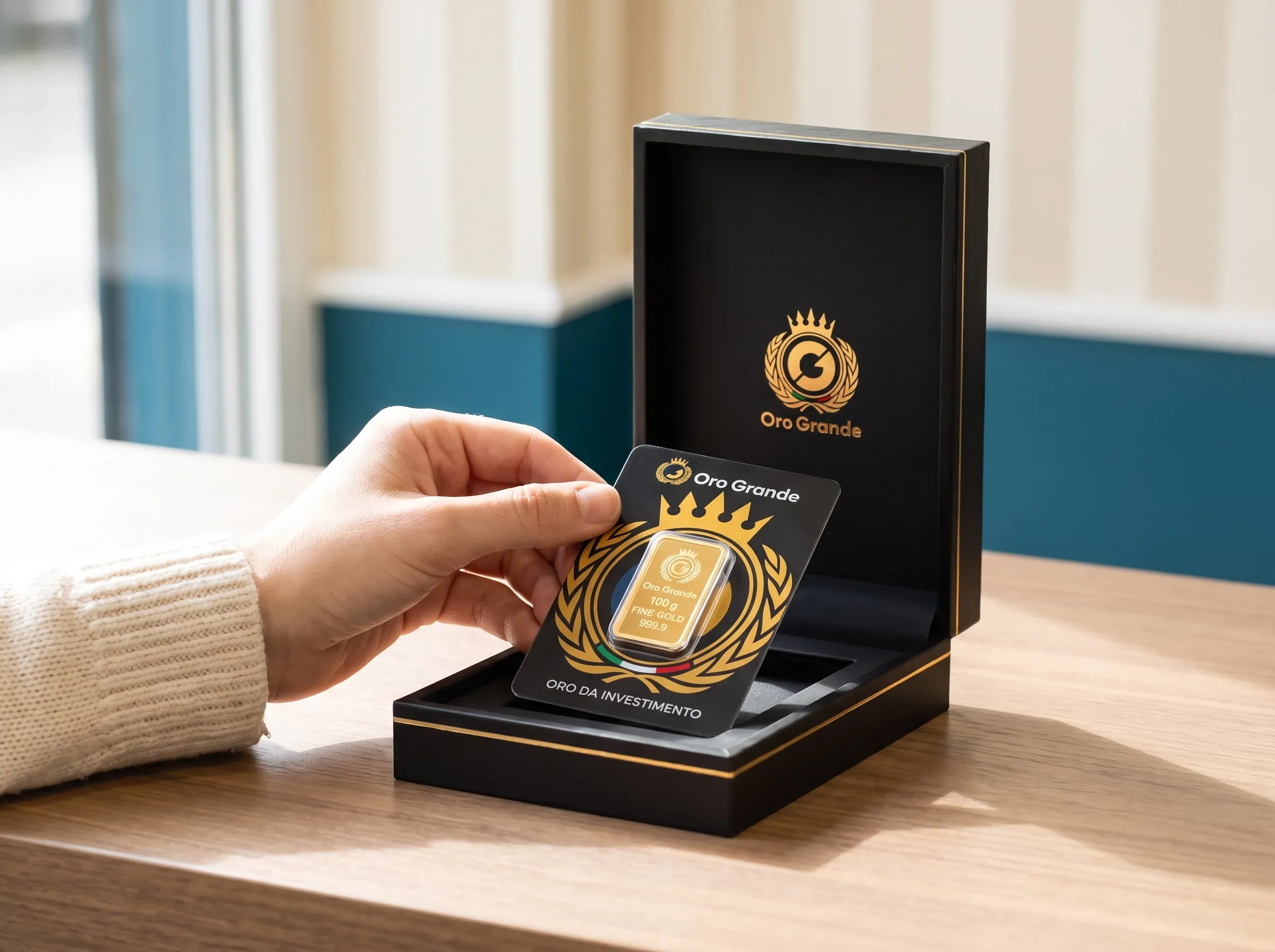 Una mano ripone un lingotto Oro Grande nella sua card dentro il cofanetto