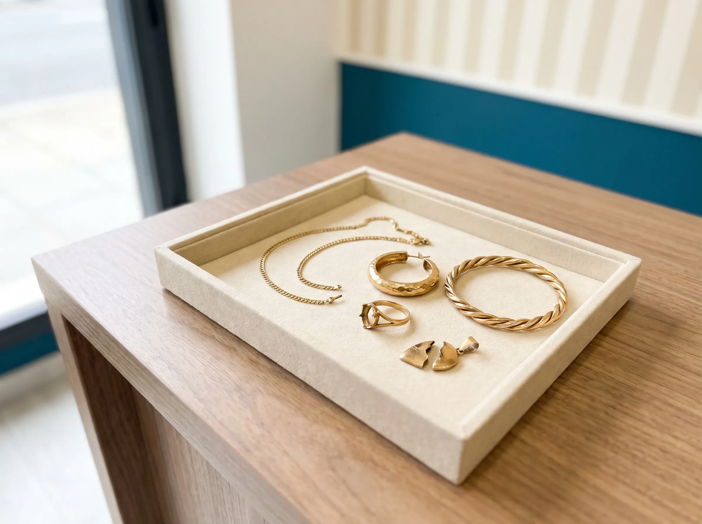 Gioielli d’oro usati e spaiati sul vassoio del banco