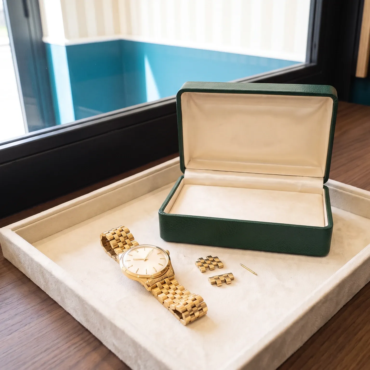 Un orologio da uomo in oro sul vassoio del banco, accanto alla sua scatola originale aperta e a due maglie di ricambio del bracciale