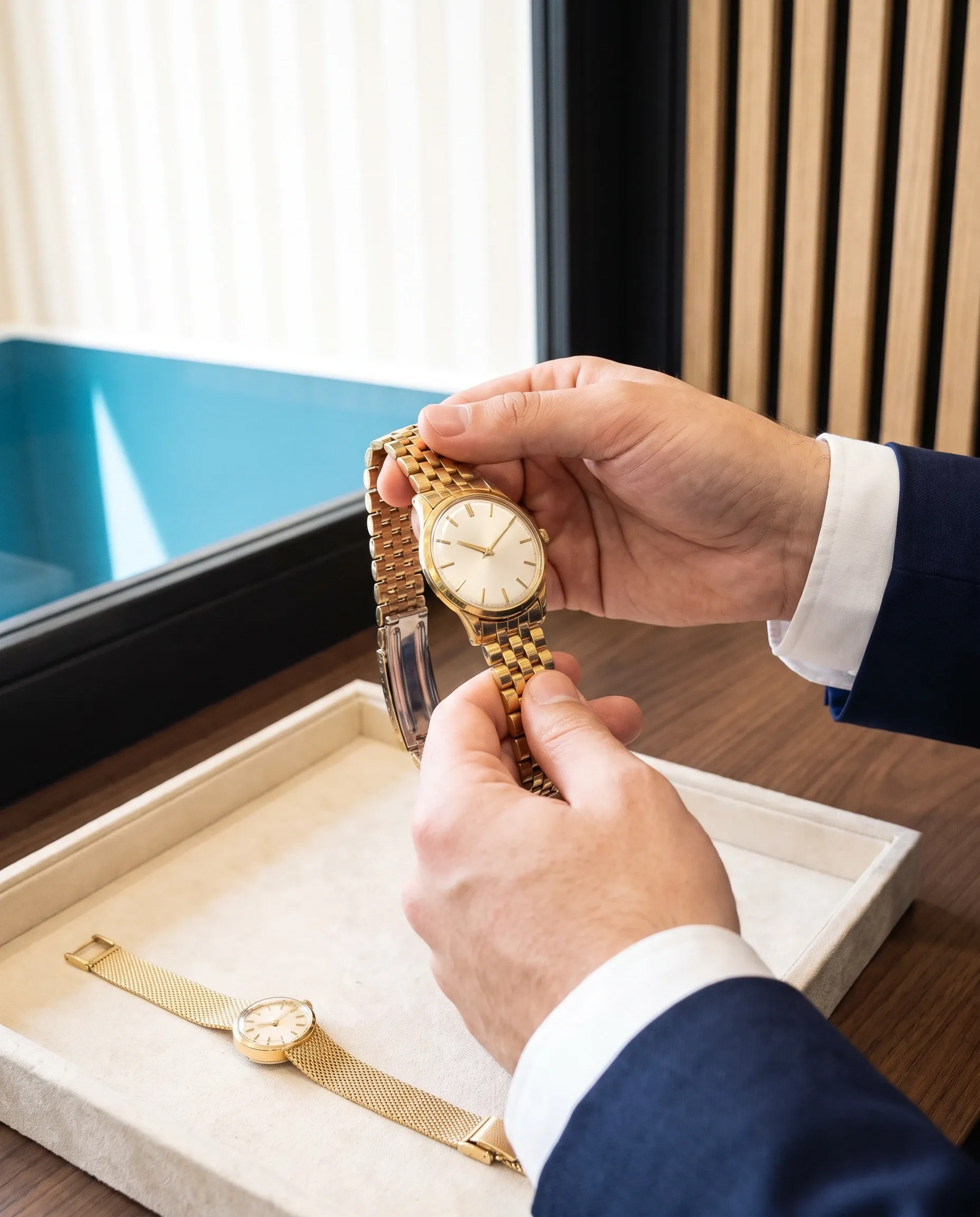 L’esperto esamina un orologio da uomo in oro con bracciale a maglia; sul vassoio, un orologio da donna in oro