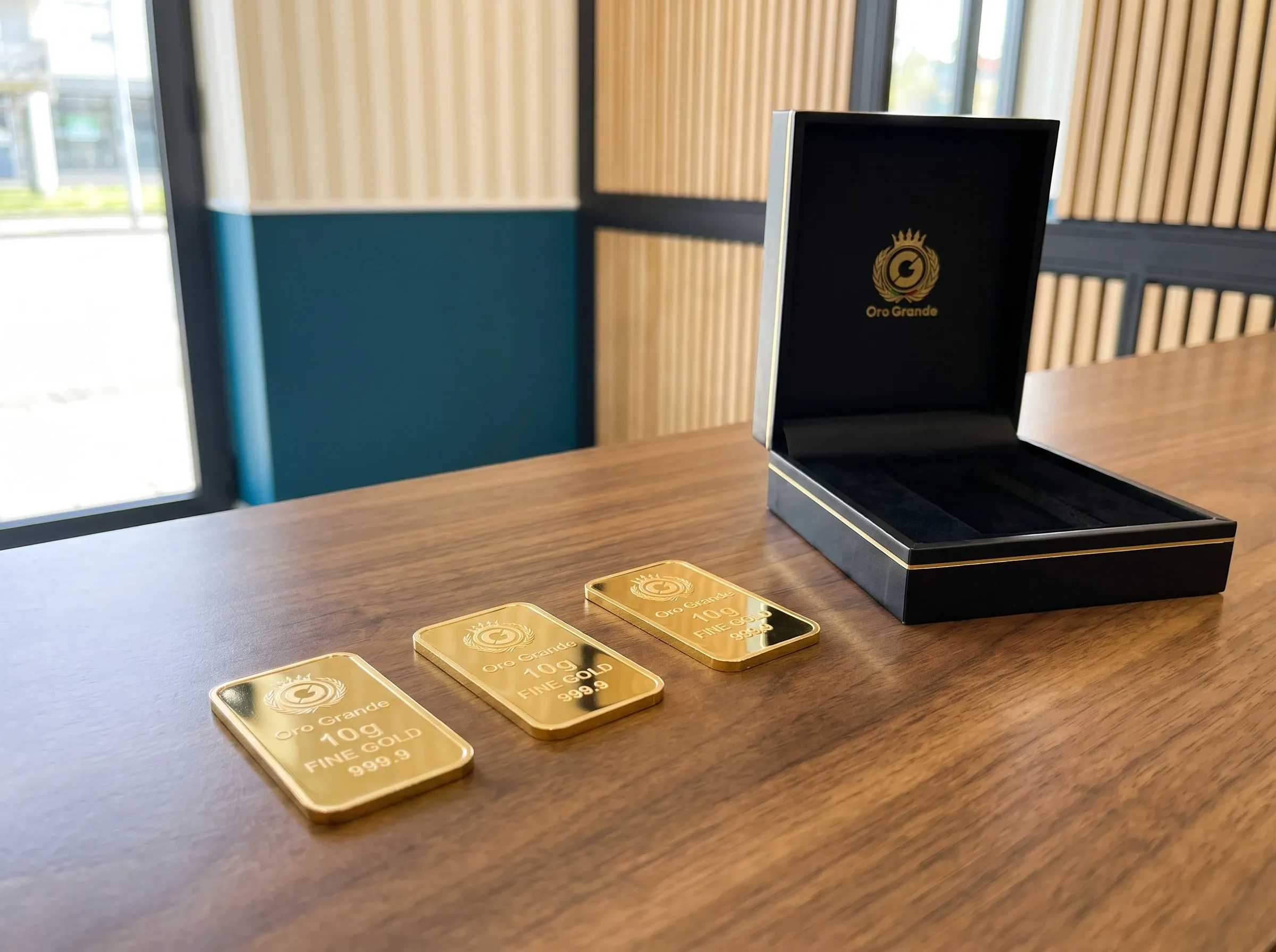 Lingotti d’oro Oro Grande da 10 grammi in fila accanto al cofanetto
