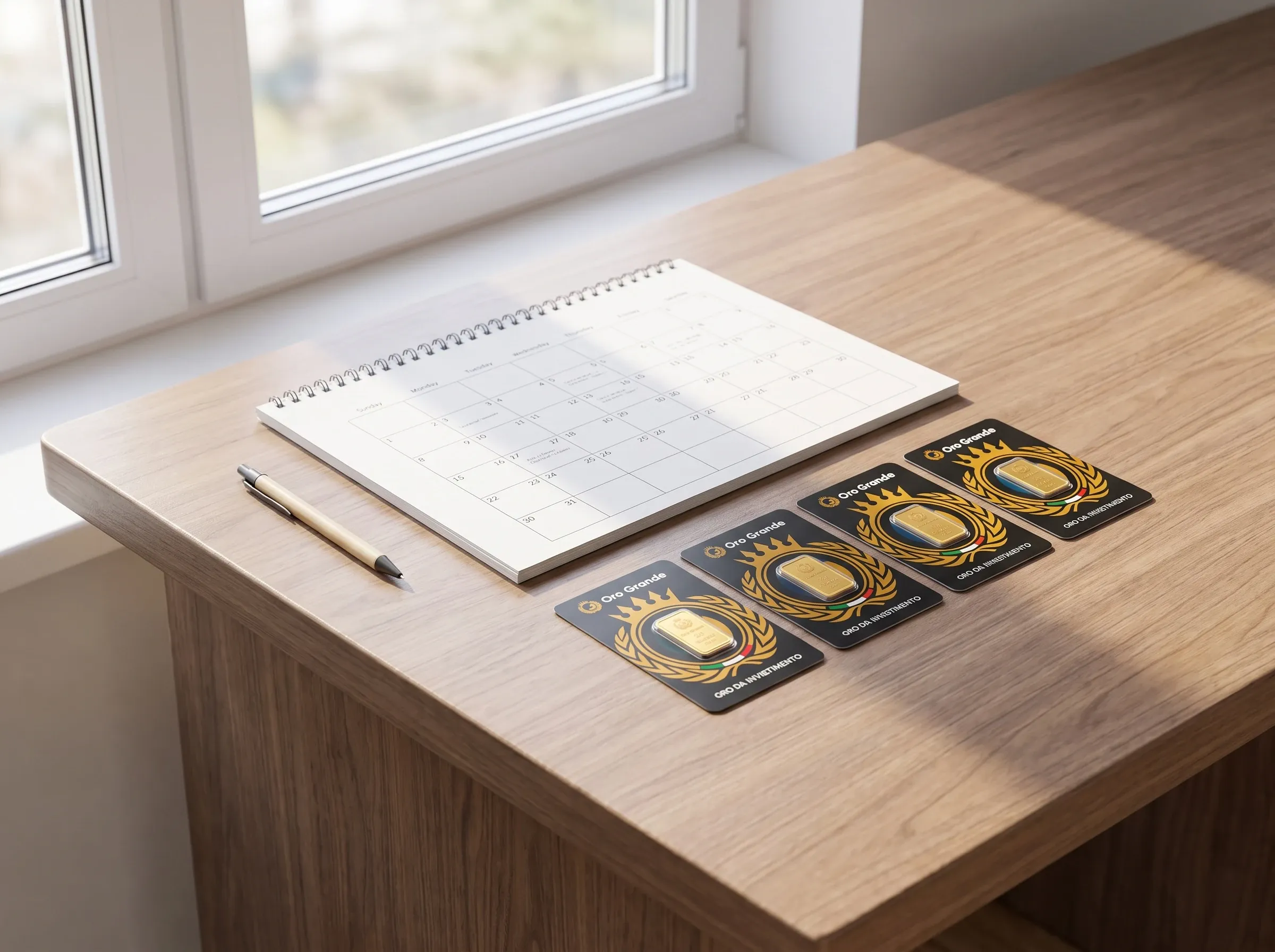 Un calendario sulla scrivania accanto a quattro lingotti Oro Grande da 20 g nelle loro card, uno per mese