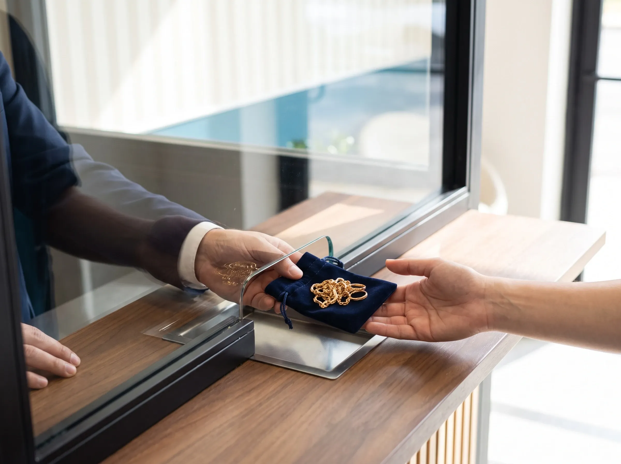 Un esperto Oro Grande consegna a una cliente un sacchetto di velluto con un gioiello d’oro, attraverso il vetro del banco