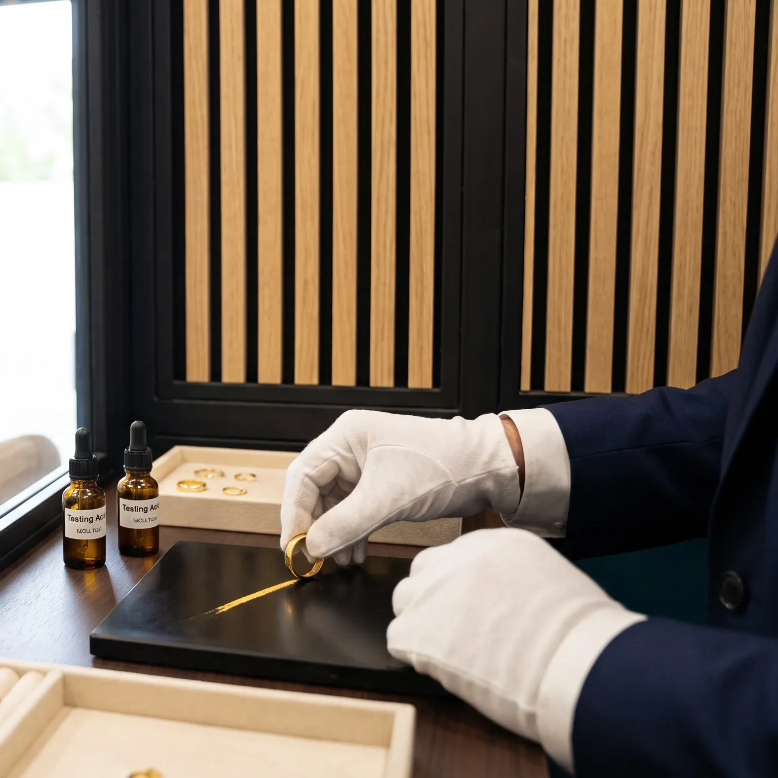L’esperto verifica l’oro con la pietra di paragone al banco